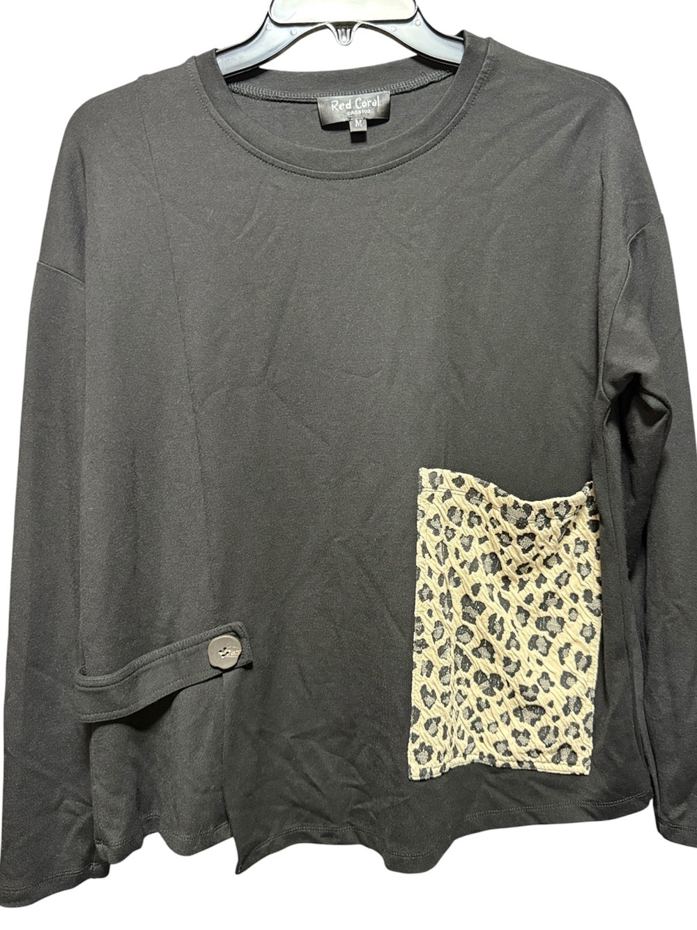 Women's Black Long Sleeve Top with Leopard Pocket